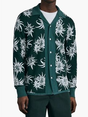 RAG & BONE Men's Lorne Floral Leaves Green Knit Button-Up Camp Cardigan Sz Lg